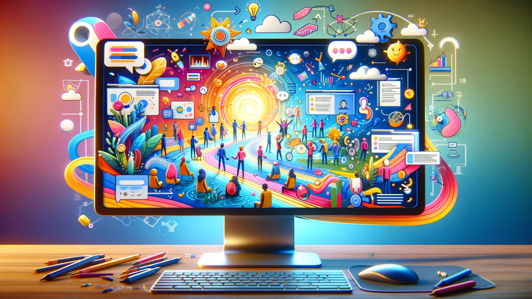 The screen is filled with colorful characters-min